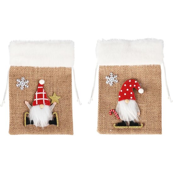 Dekoratief | Zakje m/gnoompje, rood/wit/naturel, jute, 17x12x1cm, set van 2 stuks | A255489
