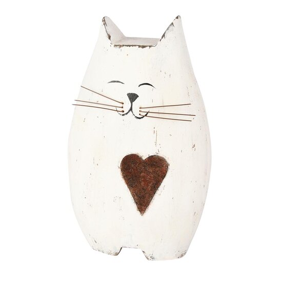 Dekoratief | Deco poes m/hartje, wit/naturel, hout, 8x5x13cm | A255553