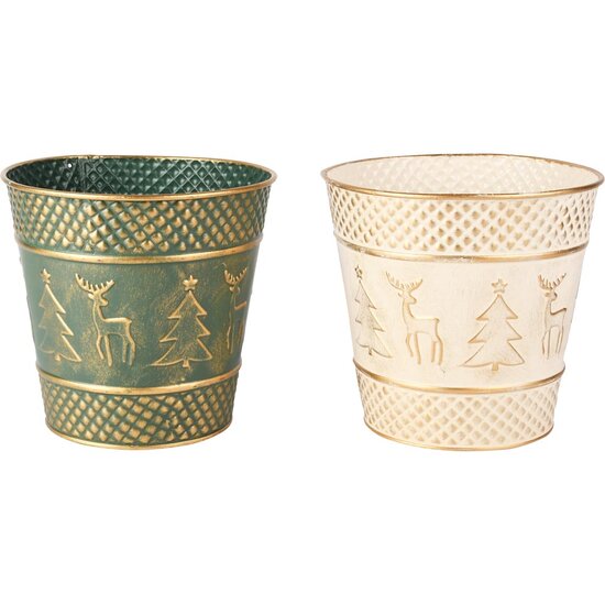 Dekoratief | Bloempot &#039;Deer &amp; Tree&#039;, groen/wit, metaal, 17x17x16cm, set van 2 stuks | A255575