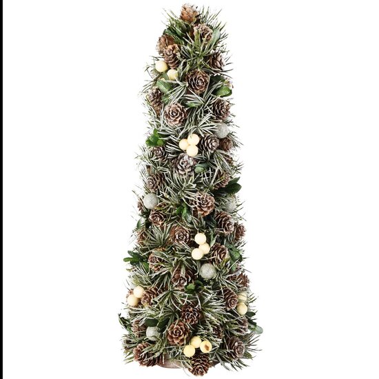 Dekoratief | Kegel vorm m/dennenappels/takjes, naturel/wit/groen, 16x16x41cm | A255592