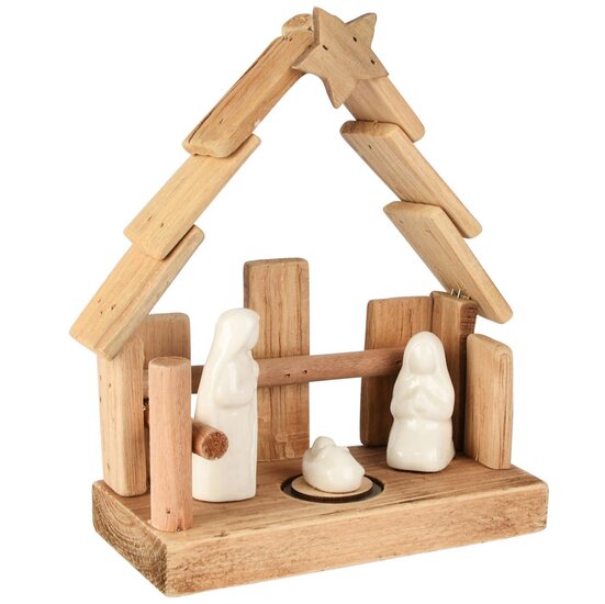 Dekoratief | Kerststal m/figuren, naturel/wit, hout/porselein, LED, 19x8x20cm | A255613