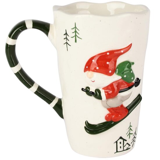 Dekoratief | Mok hoog &#039;Santa on Ski&#039;s&#039;, rood/wit/groen, keramiek, 15x9x15cm | A255622