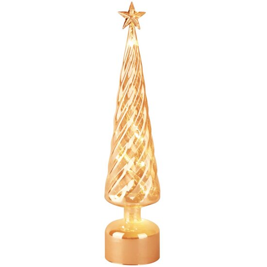Dekoratief | Kegel vormboompje m/ster op voet, goud, glas, LED, draait rond, 9x9x41cm | A255668
