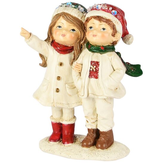Dekoratief | Winterkindjes staand, wit/rood/groen, resina, 10x6x12cm | A255703