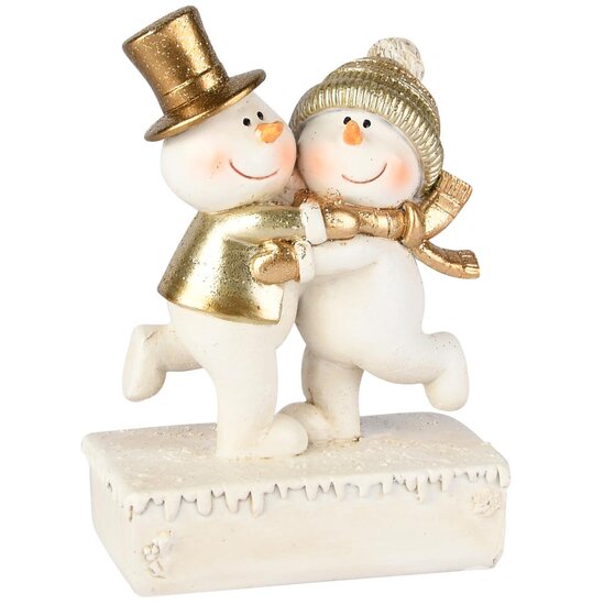 Dekoratief | Koppel sneeuwmannen op ijsblok, wit/goud, resina, 9x5x13cm | A255721
