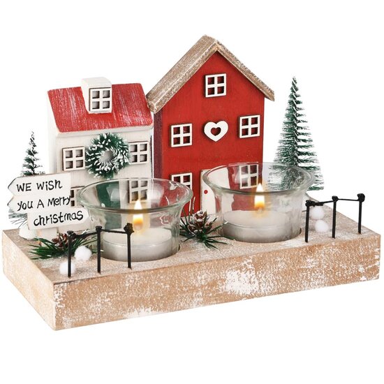 Dekoratief | Theelichthouder m/huisjes, naturel/rood, hout, 19x9x13cm | A255760