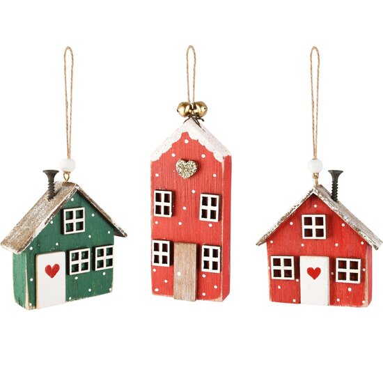 Dekoratief | Hanger kersthuisje, rood/groen, hout, 7x2x7cm, set van 3 stuks | A255766