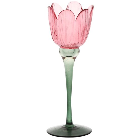 Dekoratief | Theelichthouder tulp op voet, roze/groen, glas, 8x8x23cm | A255809