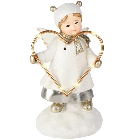 Dekoratief | Engeltje m/hart, wit/goud, resina/metaal, LED, 10x8x16cm | A255822