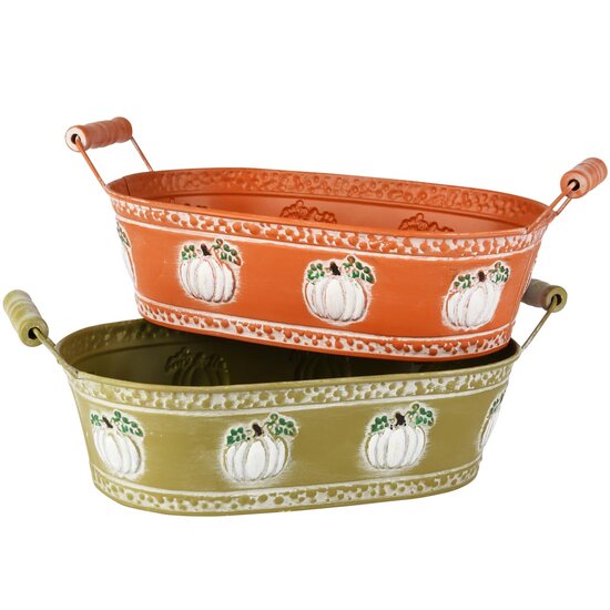 Dekoratief | Bakje ovaal m/pompoenen, groen/oranje, metaal, 28x17x8cm, set van 2 stuks | A255950