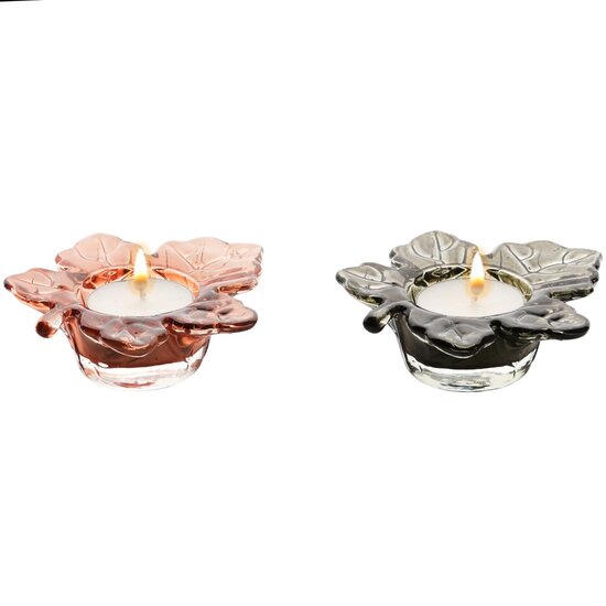 Dekoratief | Theelichthouder 'Maple Leaf', bruin/roze, glas, 10x9x3cm, set van 2 stuks | A255994