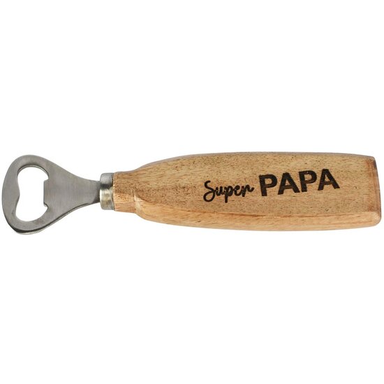 Dekoratief | Flessenopener &#039;Super Papa&#039;, naturel, hout/metaal, 17x4x2cm | A258040
