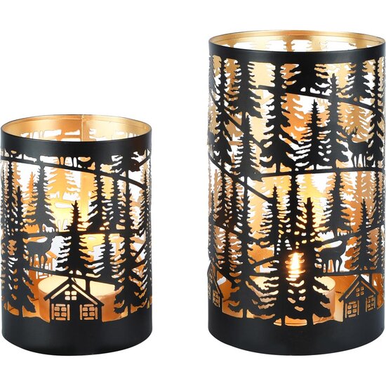 Dekoratief | Set 2 Waxinelichthouders 'Majestic Evergreen', zwart/goud, metaal, 12x12x20cm | A258095