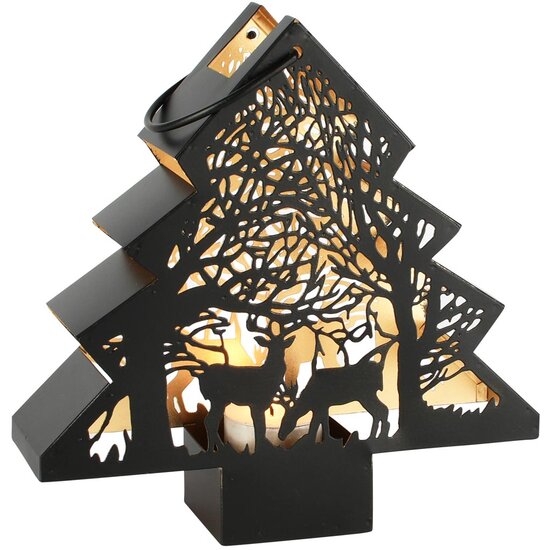 Dekoratief | Windlicht boom 'Forest Reindeer', zwart/goud, metaal, 20x5x20cm | A258099