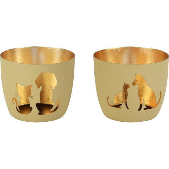 Dekoratief | Theelichthouder 'Pet Friends', groen/goud, metaal, 10x10x9cm, 2ass | A258146
