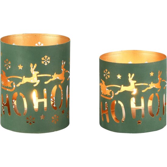 Dekoratief | Set 2 Waxinelichthouders 'Santa Sleigh', groen/goud, metaal, 11x11x13cm | A258152