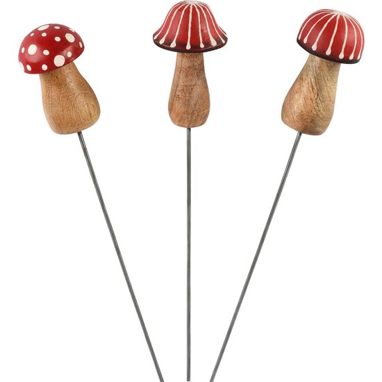 Dekoratief | Prikker paddenstoel, rood/naturel, hout/metaal, 4x4x31cm, set van 3 stuks | A258153