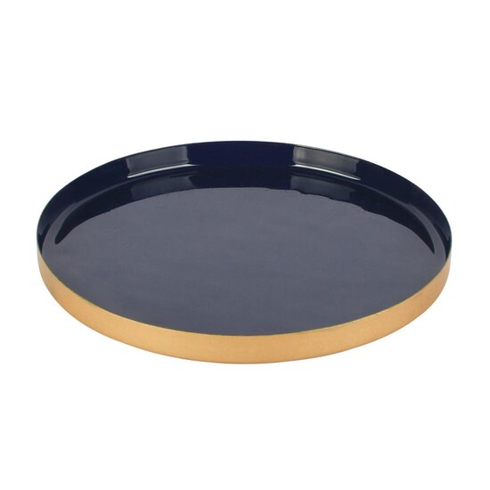 Dekoratief | Dienblad rond, donkerblauw/goud, metaal, 21x21x2cm | A258156