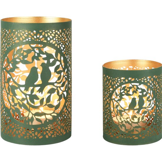 Dekoratief | Set 2 Waxinelichthouders 'Love Birds', groen/goud, metaal, 12x12x21cm | A258162