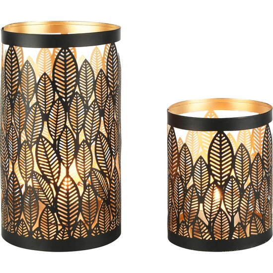 Dekoratief | Set 2 Waxinelichthouders 'Stacked Leafs', zwart/goud, metaal, 12x12x21cm | A258163