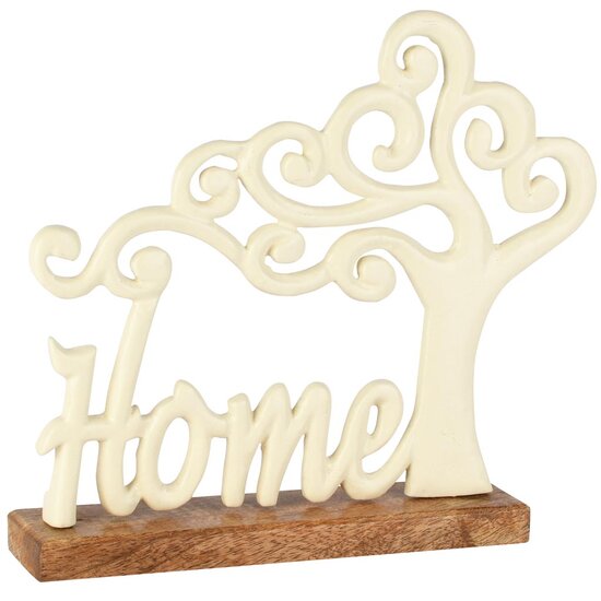 Dekoratief | Deco 'Home' m/boompje, wit/naturel, aluminium/hout, 21x5x22cm | A258206