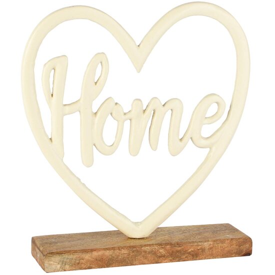 Dekoratief | Deco 'Home' in hart, wit/naturel, aluminium/hout, 19x5x21cm | A258207