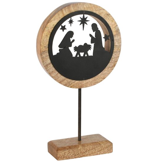 Dekoratief | Kerststal in cirkel op voet, zwart/naturel, hout/metaal, 14x5x25cm | A258418