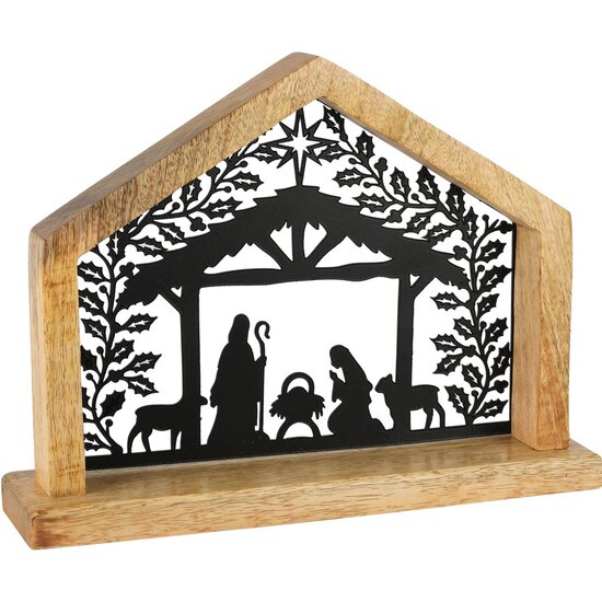 Dekoratief | Kerststal m/figuren, zwart/naturel, hout, 24x5x19cm | A258420