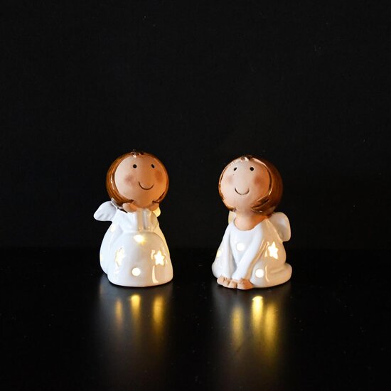 Dekoratief | Engeltje zittend, wit, keramiek, LED, 7x6x10cm, set van 2 stuks | A255023