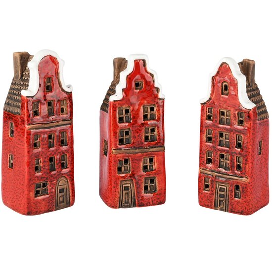 Dekoratief | Deco huisje, rood, keramiek, LED, 6x5x14cm, set van 3 stuks | A255031