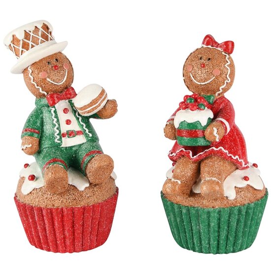 Dekoratief | Cookie op cupcake, groen/rood/wit, resina, 8x9x16cm, set van 2 stuks | A255046