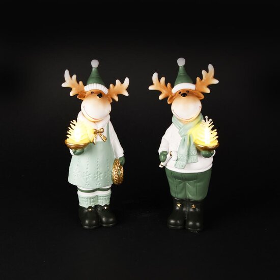Dekoratief | Rendier staand m/boompje, groen/wit, resina, LED, 12x8x26cm, set van 2 stuks | A255086