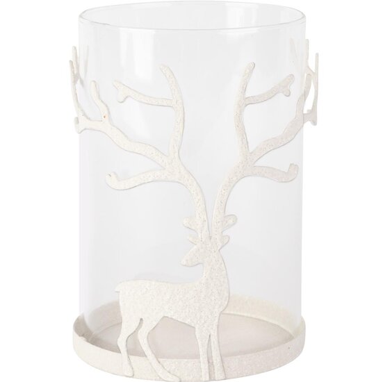 Dekoratief | Theelichthouder m/hert, wit/transparant, metaal/glas, 13x13x20cm | A255096