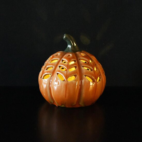 Dekoratief | Deco pompoen, oranje/groen, porselein, LED, 12x12x12cm | A255115