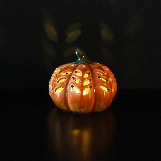 Dekoratief | Deco pompoen, oranje/groen, porselein, LED, 9x9x8cm | A255118