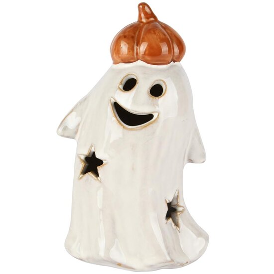 Dekoratief | Spookje m/pompoenhoed, wit/oranje, porselein, LED, 9x8x15cm | A255132