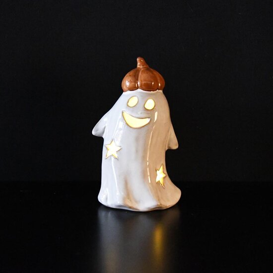 Dekoratief | Spookje m/pompoenhoed, wit/oranje, porselein, LED, 9x8x15cm | A255132