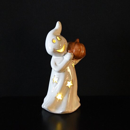 Dekoratief | Spookje m/pompoen, wit/oranje, porselein, LED, 10x8x20cm | A255134