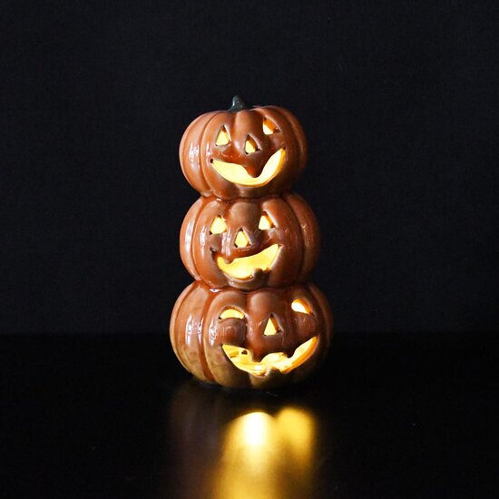 Dekoratief | Stapel pompoenen, oranje, porselein, LED, 8x8x14cm | A255137