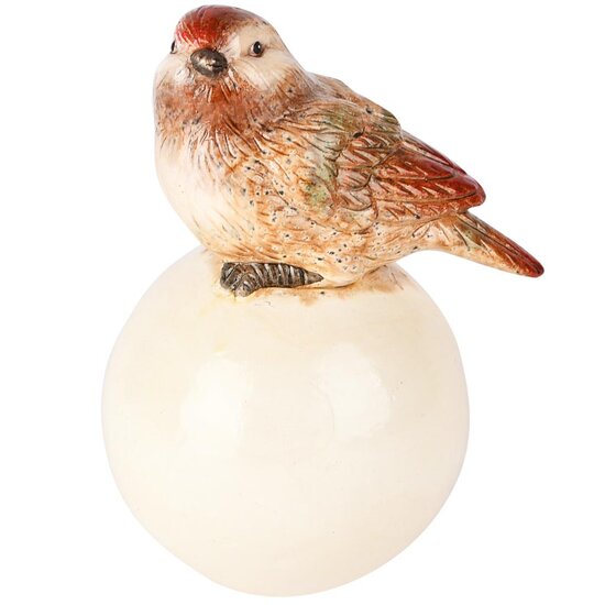 Dekoratief | Vogeltje op bol, bruin/wit, keramiek, 12x10x16cm | A255187