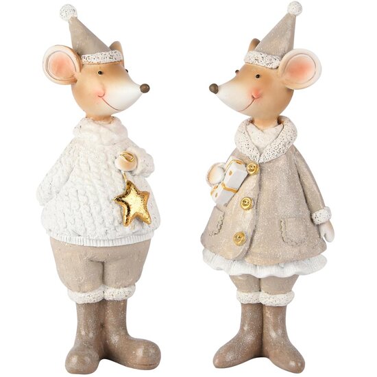 Dekoratief | Muis staand m/ster, beige/wit, resina, 6x6x19cm, set van 2 stuks | A255233