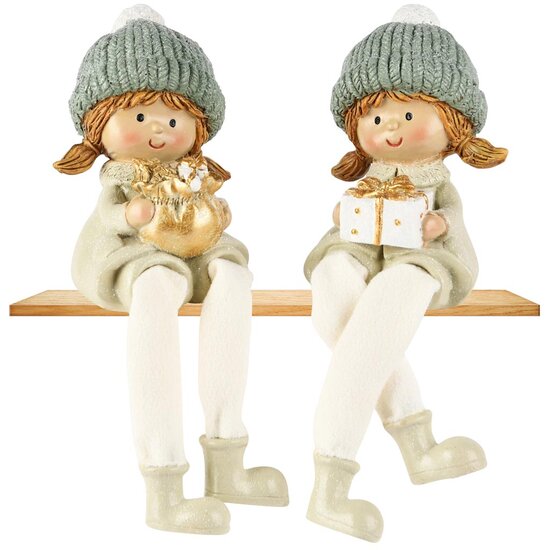 Dekoratief | Winterkindje m/hangbeentjes, groen/blauw, resina, 7x5x16cm, set van 2 stuks | A255251