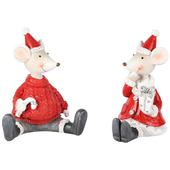 Dekoratief | Muisje zittend m/cadeautje, wit/rood, resina, 8x6x9cm, set van 2 stuks | A255259
