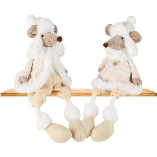 Dekoratief | Muis m/hangbenen, creme/wit, stof, 16x12x33cm, set van 2 stuks | A255276