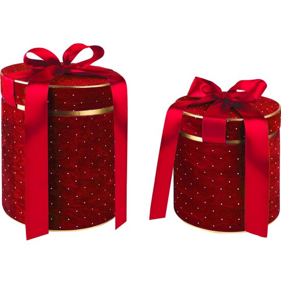 Dekoratief | Set 2 tondozen m/striklint, rood/goud, velvet/karton, 21x21x25cm | A255301