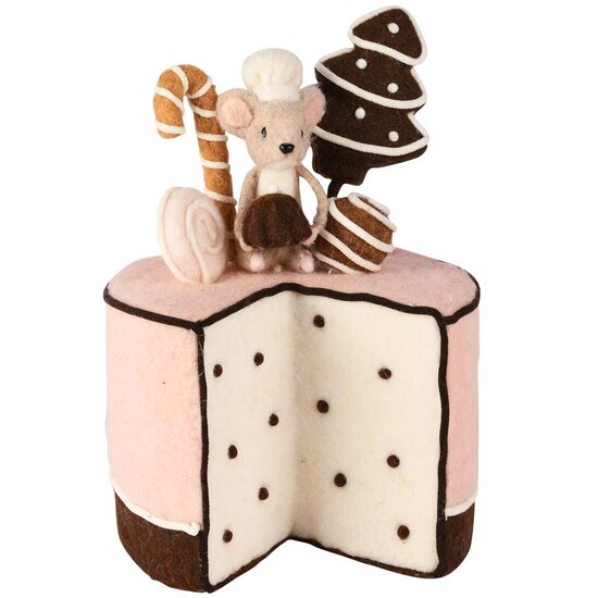 Dekoratief | Taart m/muis/gebak, roze/bruin, stof, 20x20x30cm | A255330
