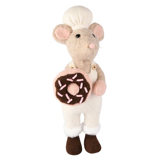 Dekoratief | Bakkersmuis staand m/donut, bruin/wit/roze, stof, 14x18x41cm | A255340