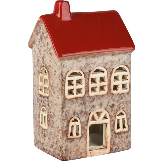Dekoratief | Theelichtouder huisje, rood/bruin, dolomiet, 10x8x17cm | A255367