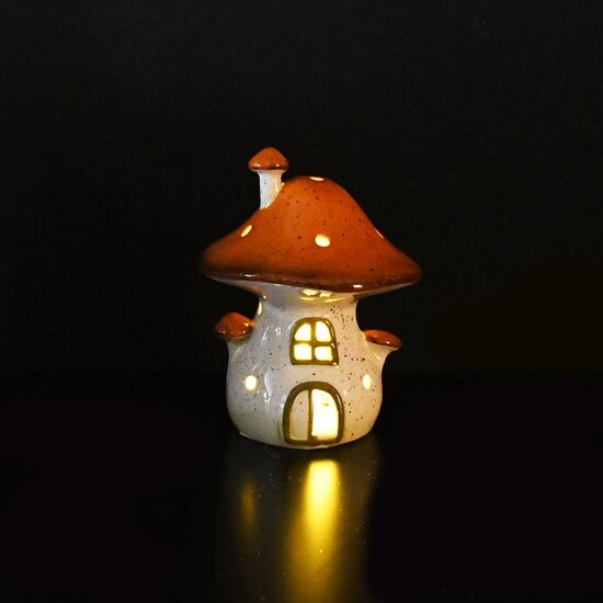 Dekoratief | Paddenstoelhuisje, rood/wit, dolomiet, LED, 10x10x12cm | A255371