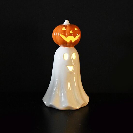 Dekoratief | Spookje m/pompoen, wit/oranje, dolomiet, LED, 11x11x19cm | A255373